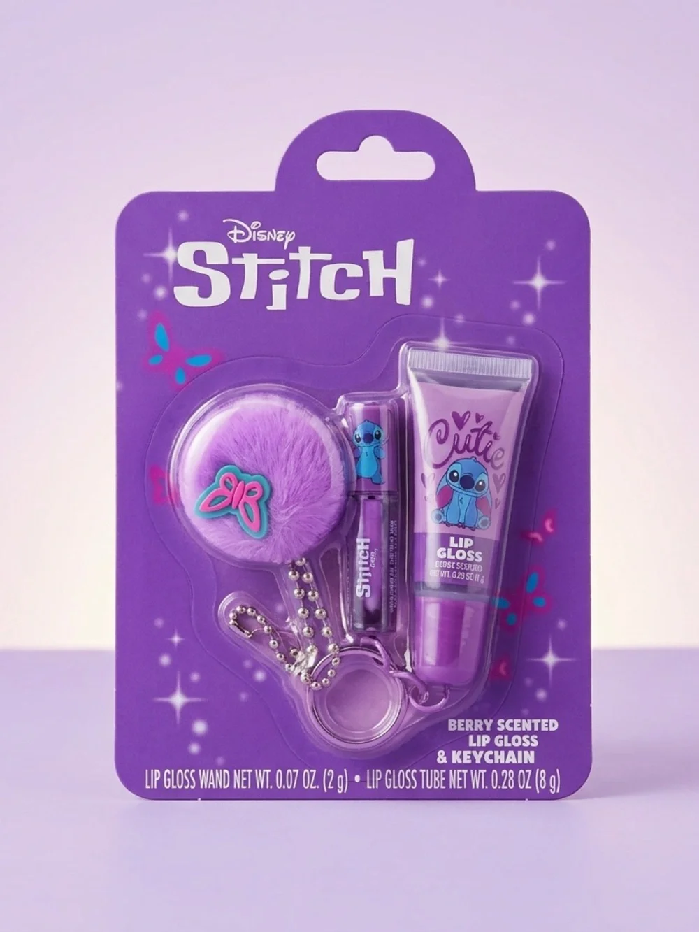Disney Stitch Lip Gloss & Keychain Gift Set Purple NWT